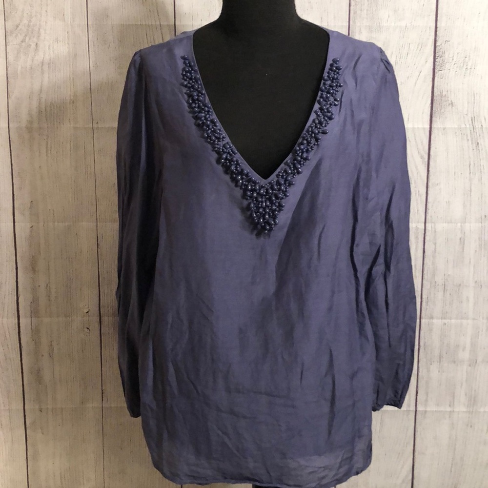 Banana Republic Silk/Cotton Blue Beaded V Neck Top